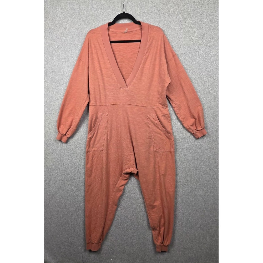 Urban Outfitters Jumpsuit Womens XS Orange Jersey Long Sleeve Deep V Neck Lounge